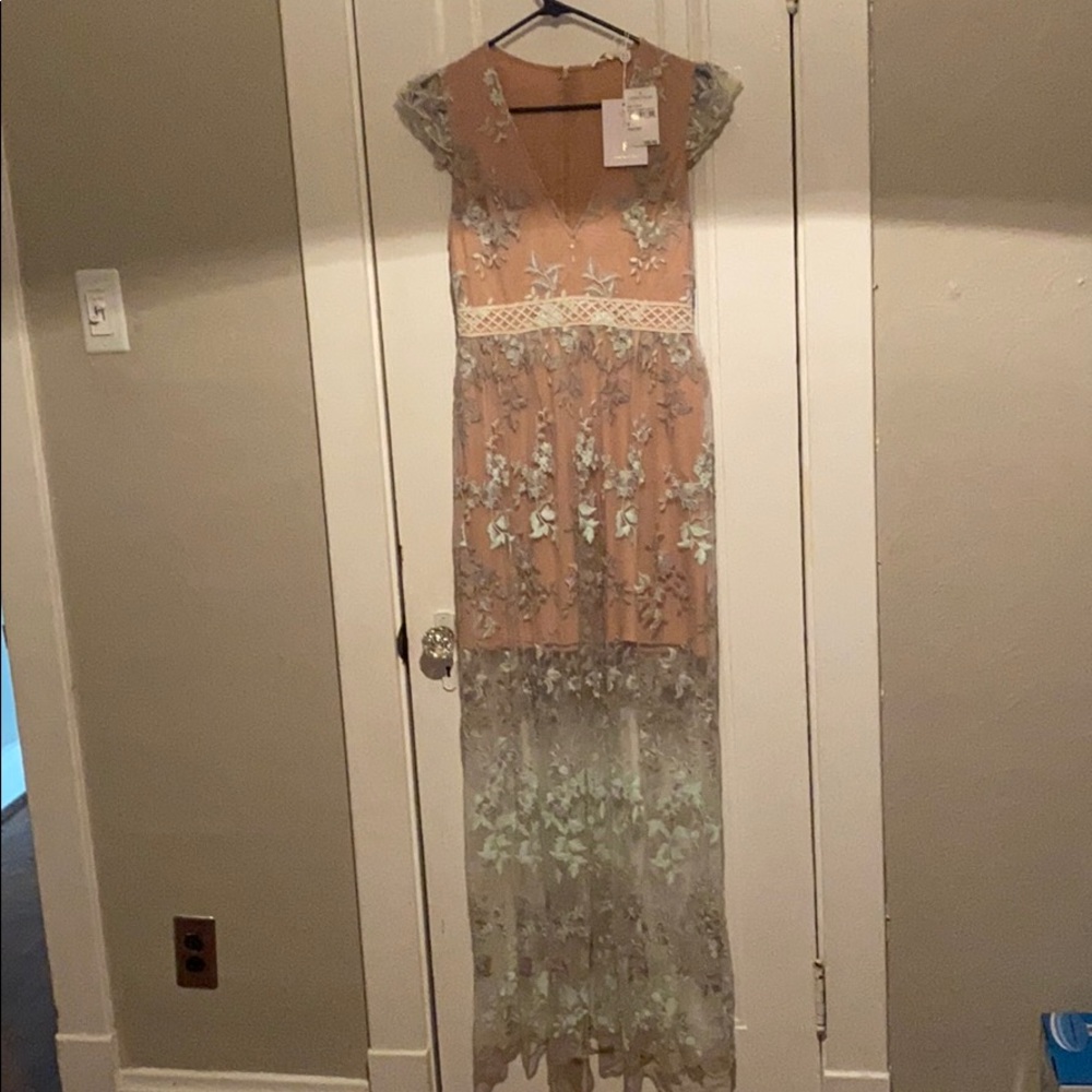 WAYF Maxi Angelic V Neck Dress, Tan/Baby Blue